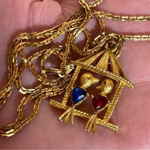 Vintage 1940’s deco Retro Gold Love Birds in Cage Hong Kong Long Necklace